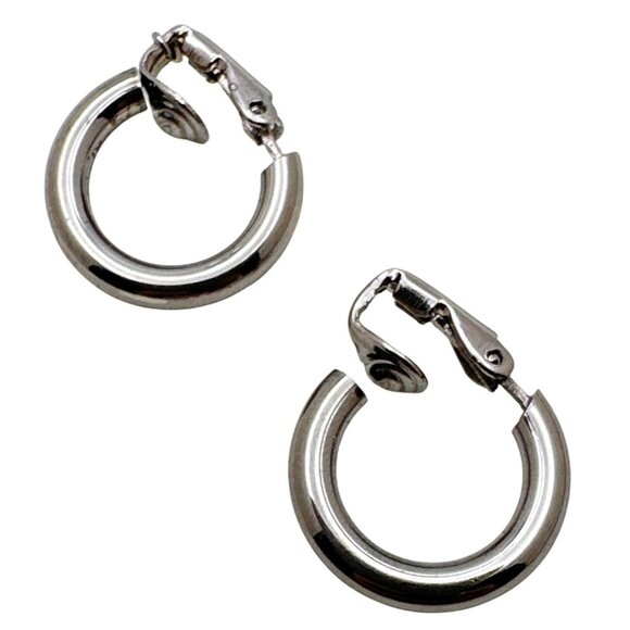 Minimalist Chic Clip-On Hoop Earrings Silver Tone Small Polished Metal - Picture 1 of 4
